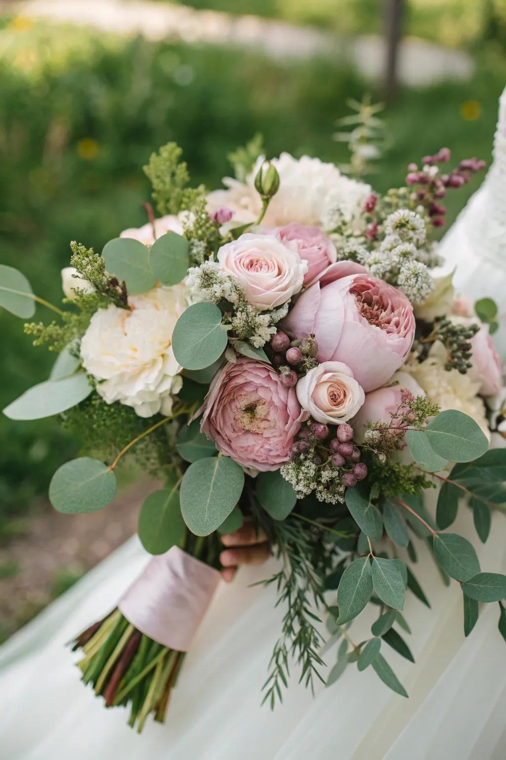 An amazing dusty rose bouquet complemented by verdant foliage.