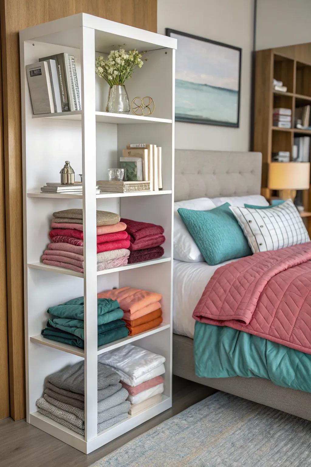 Duvets are neatly arranged on a modern bookshelf.