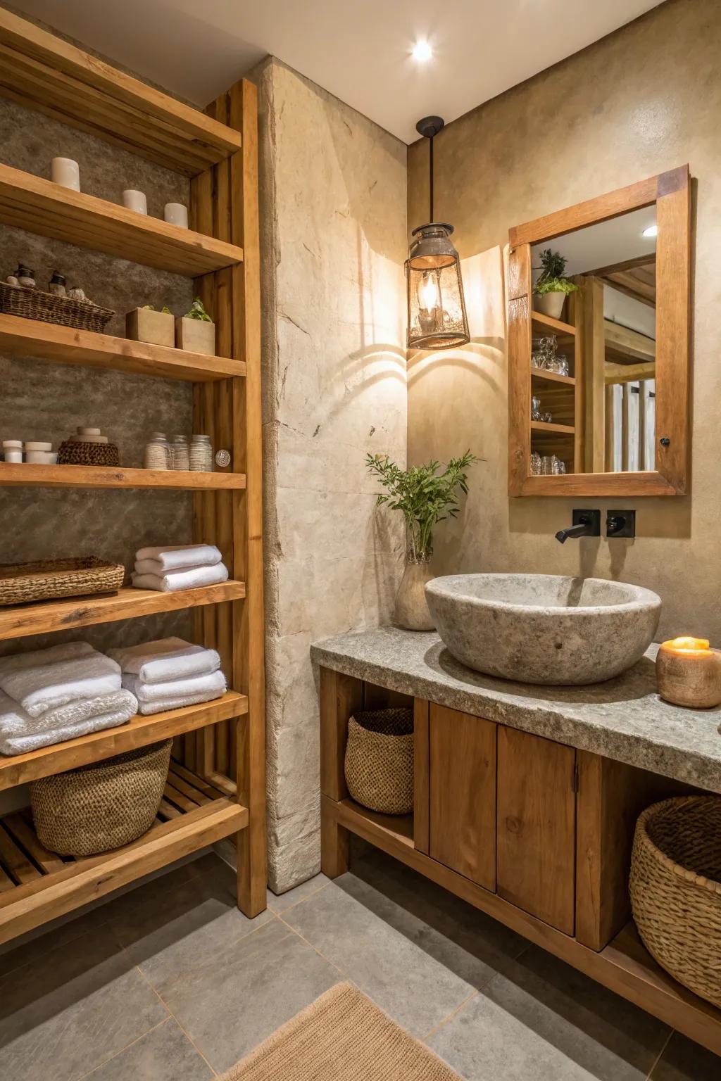 Organic materials such as wood and stone foster a natural, grounded atmosphere in the bathroom.