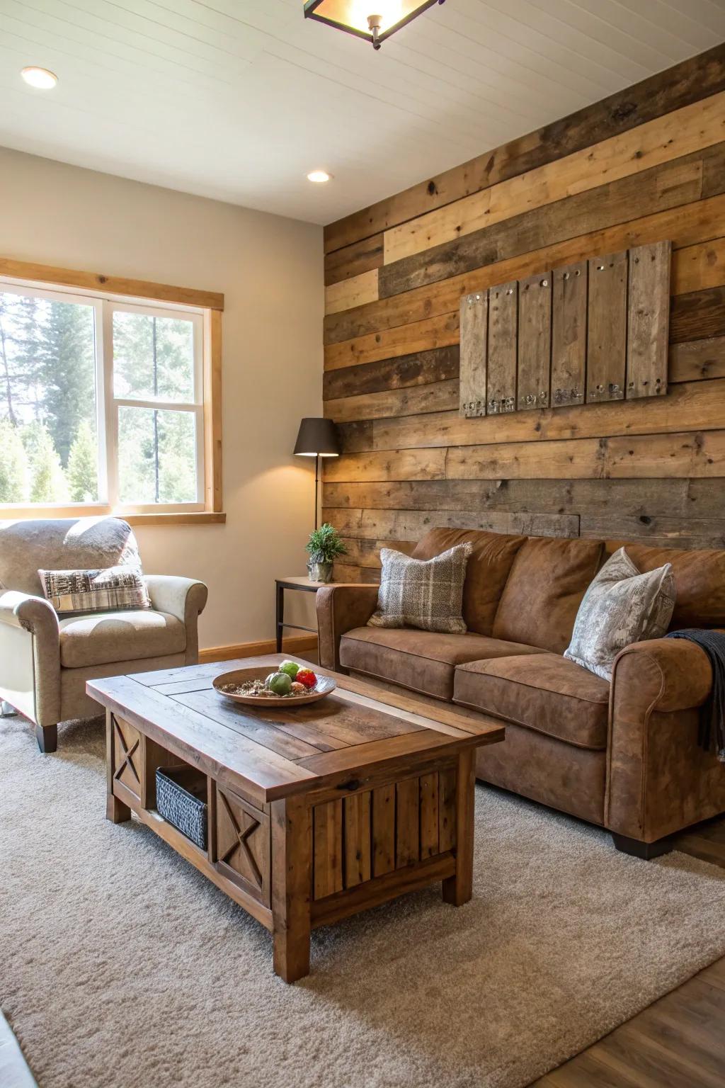 Living area showcasing furniture made from reclaimed wood along with a captivating accent wall.