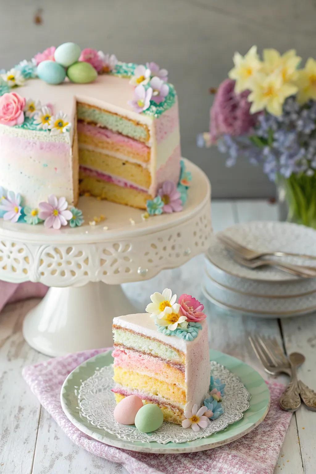 A charming soft hued spectrum cake, ideal for Easter festivities.