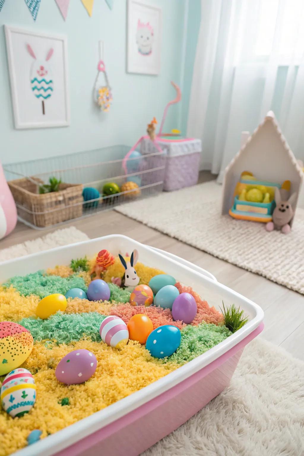A lively Easter sensory bin ideally suited for inquisitive toddlers.