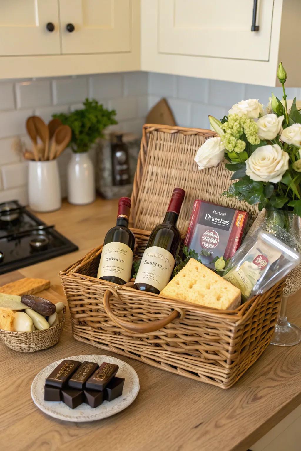 Savor an elegant food basket filled with delightful treats.