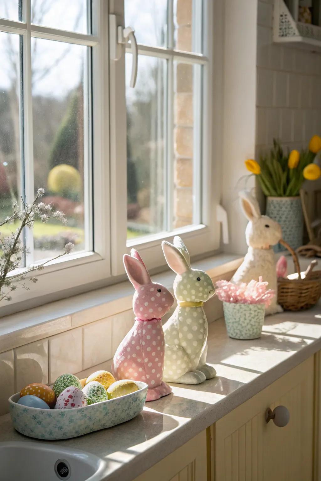 Rabbit showpieces enrich the kitchen windowsill with a whimsical twist.
