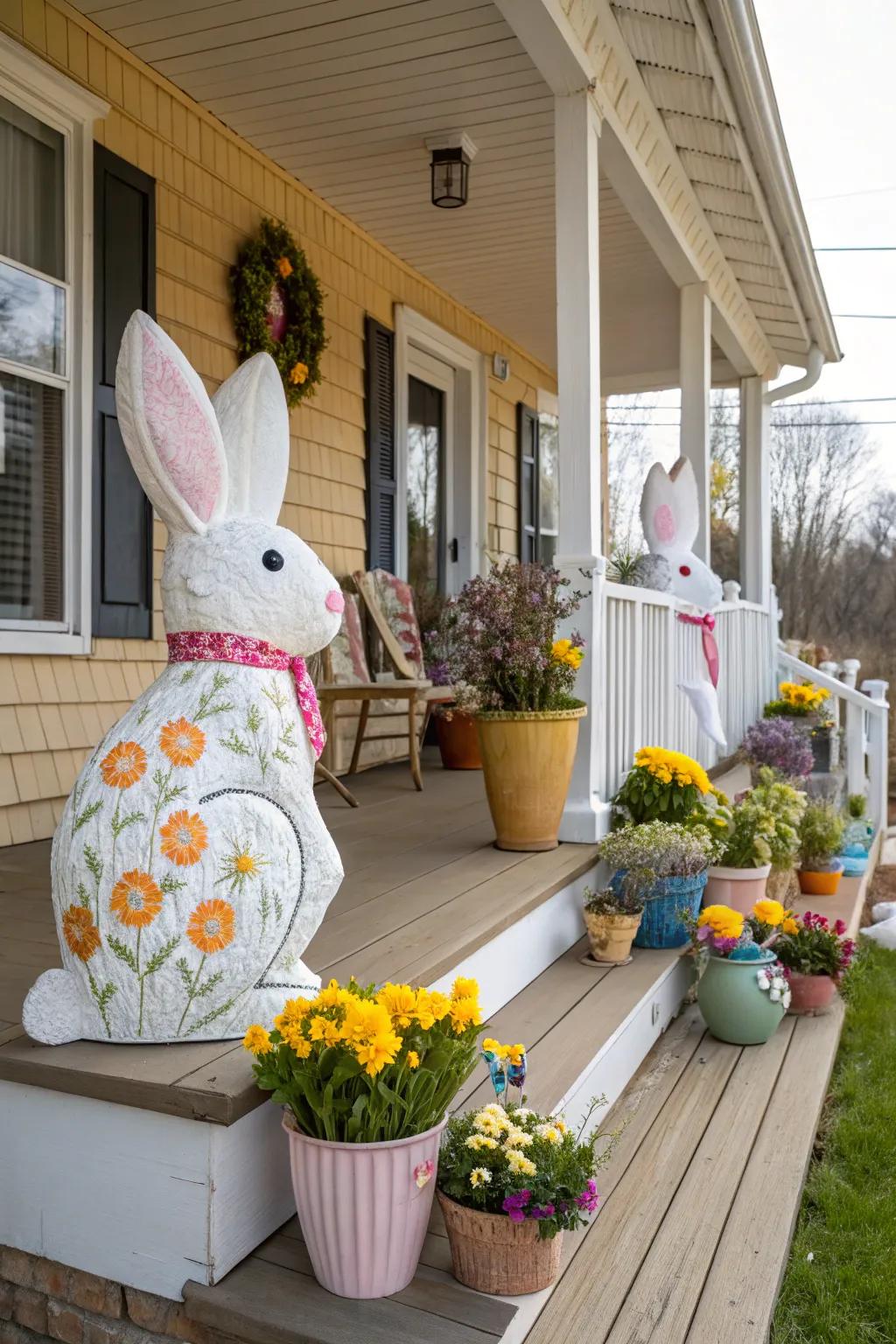 Rabbit figurines introduce a whimsical element to your Easter porch.