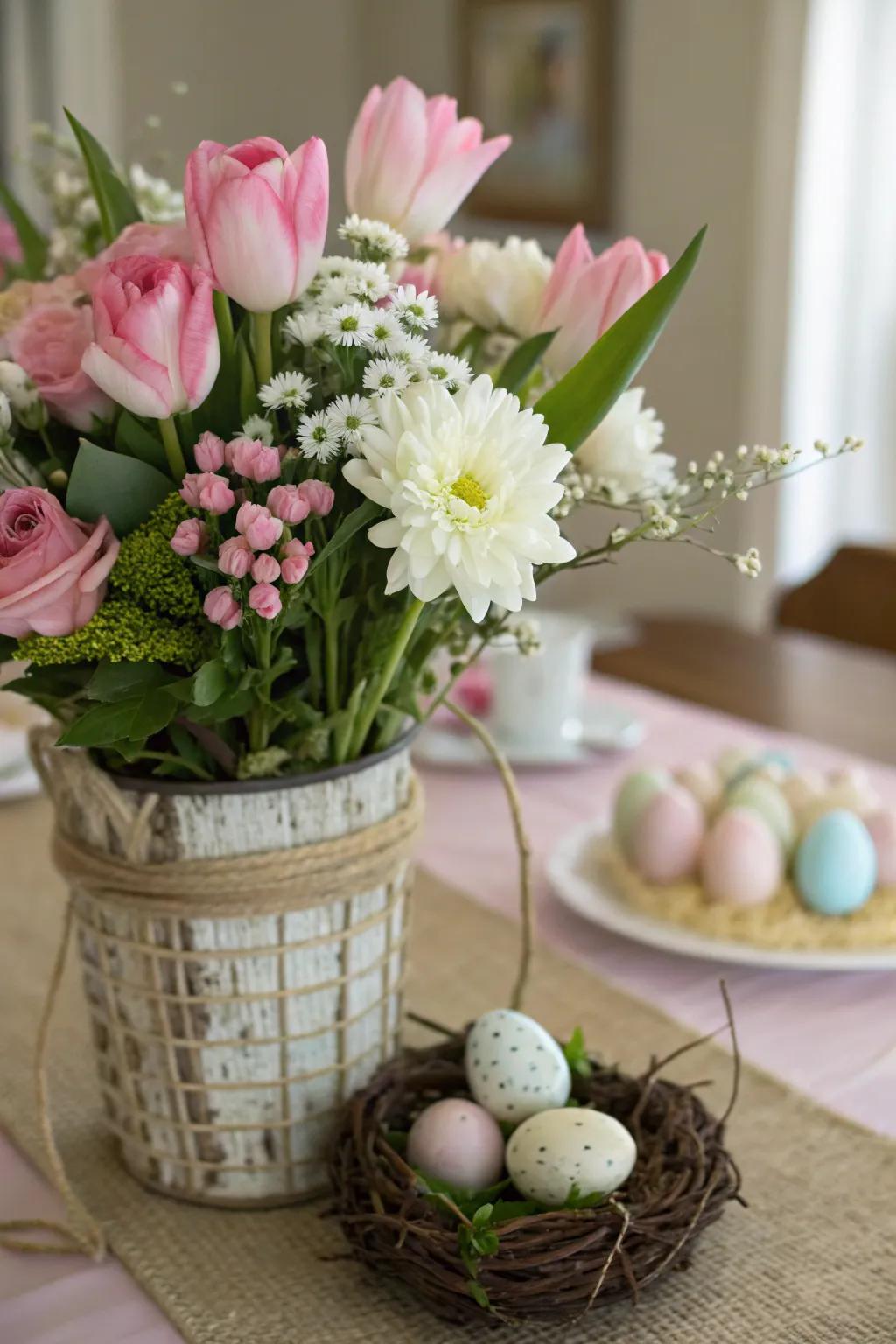 A fresh floral centerpiece announces the arrival of spring at the Easter table.