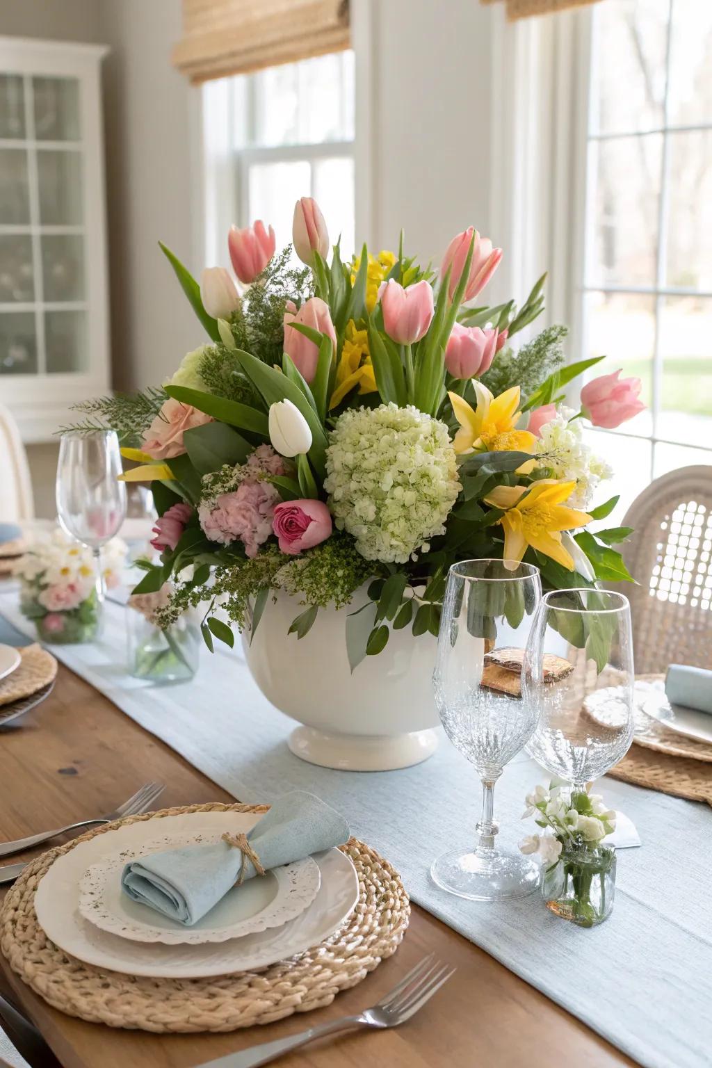 A vibrant floral centerpiece ushers the spirit of spring indoors.
