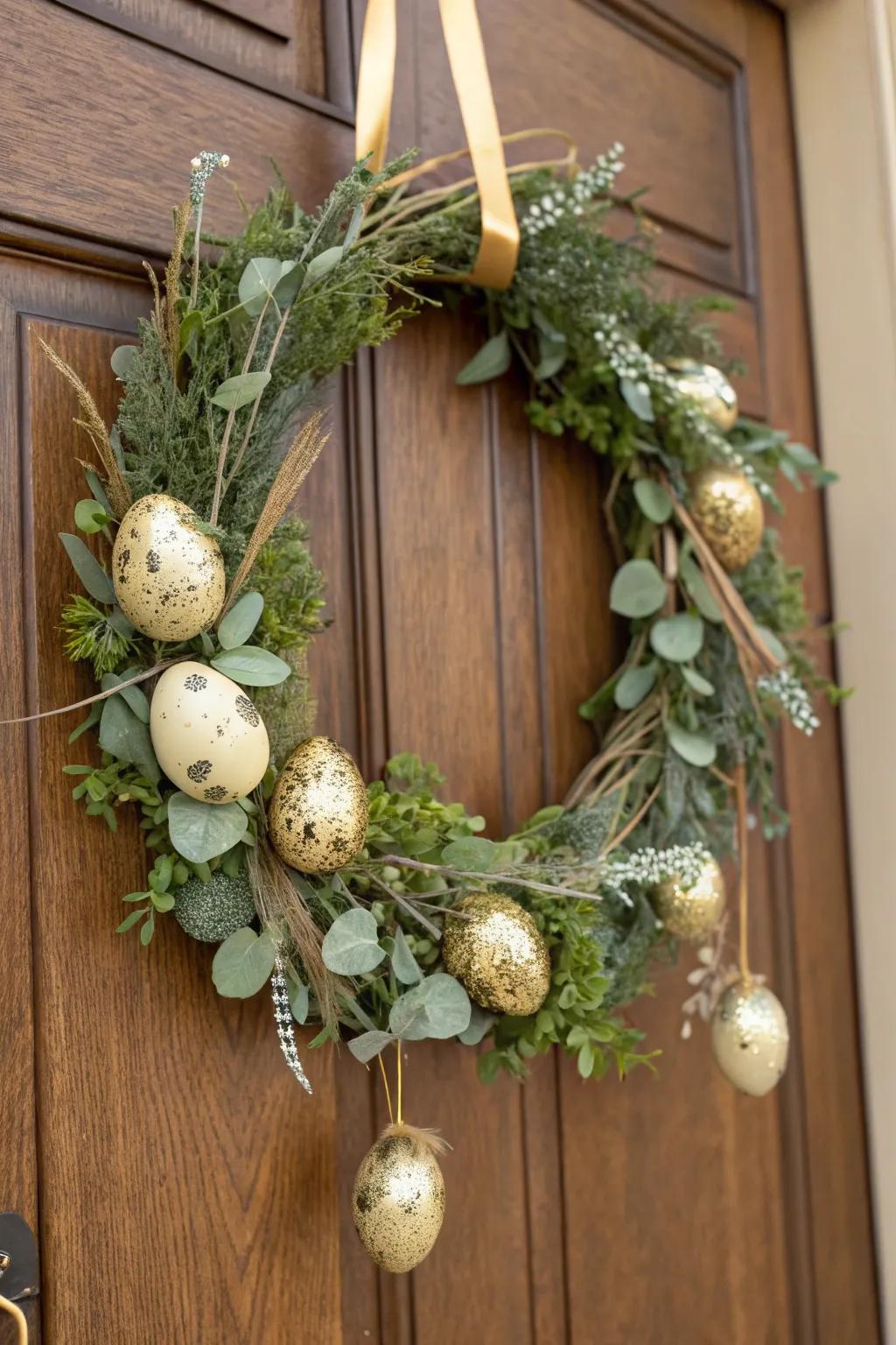 A refined Easter wreath featuring golden-speckled eggs, bringing an element of luxury to your decorations.