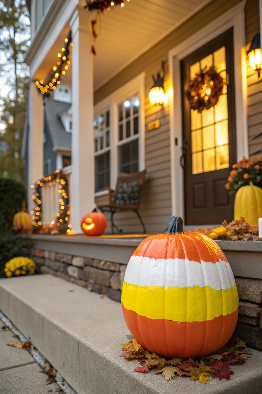 A pumpkin adorned with candy corn hues introduces a sweet element to Halloween decorations.