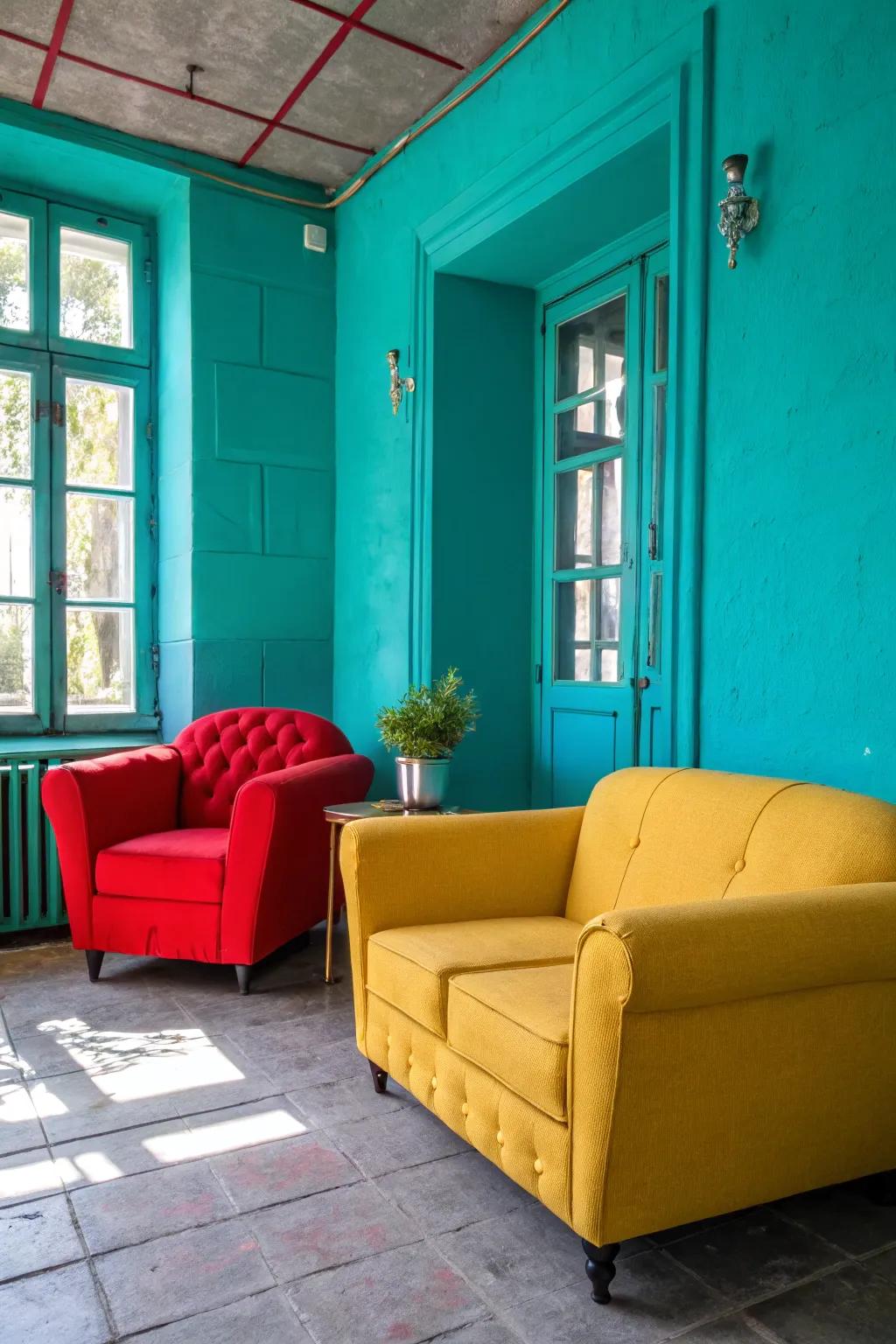 A space brought to life with vibrant teal touches and colorful decor.