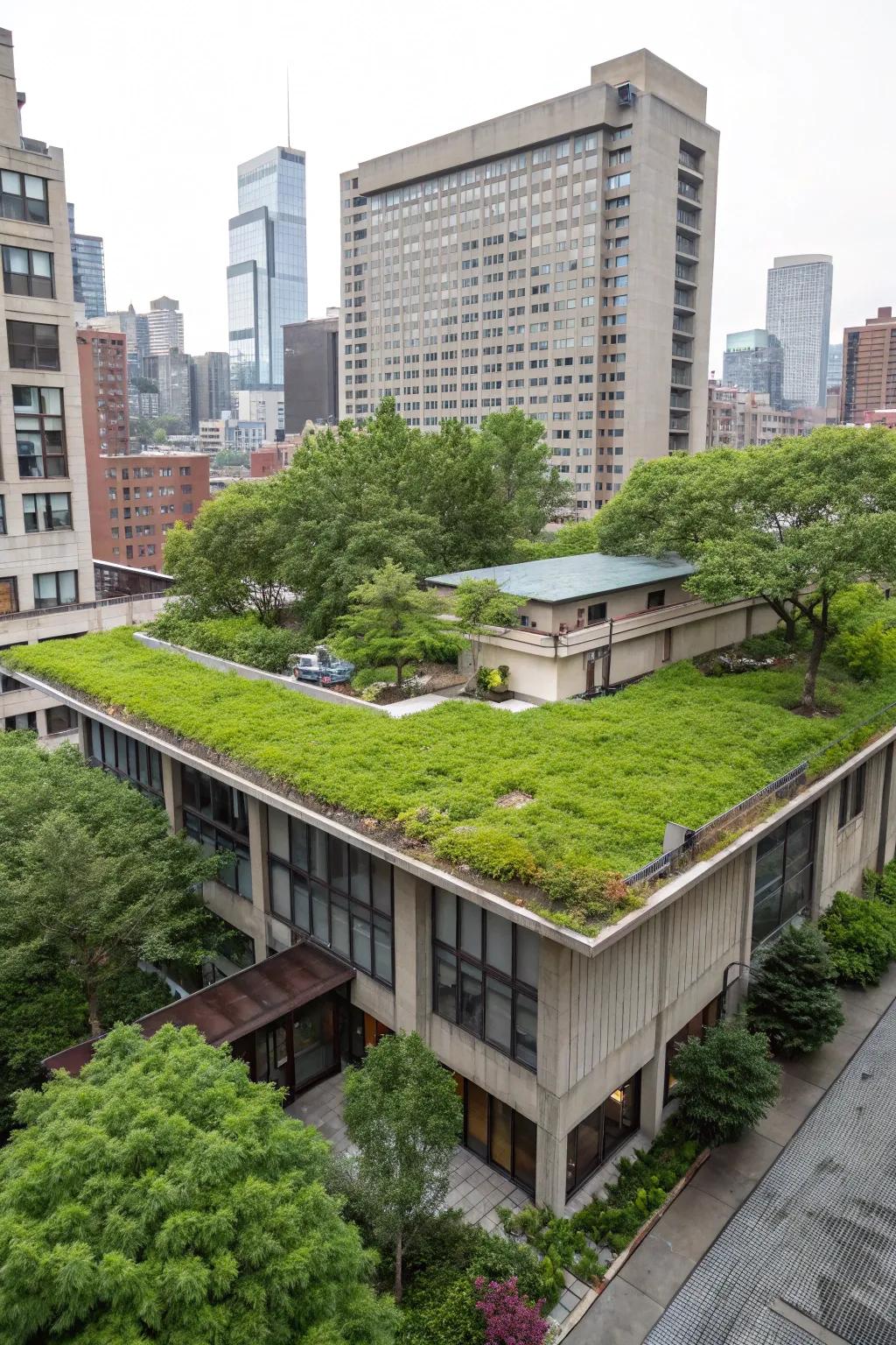 A residential structure showcasing a flourishing green roof amidst the urban landscape.