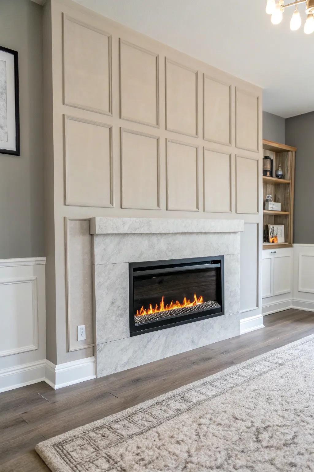 A minimalist living room wall showcases an electric fireplace with a neutral color scheme.
