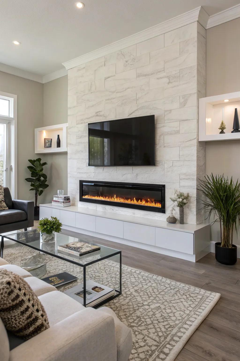 A chic wall-mounted electric fireplace enhances the elegance of a modern living area.