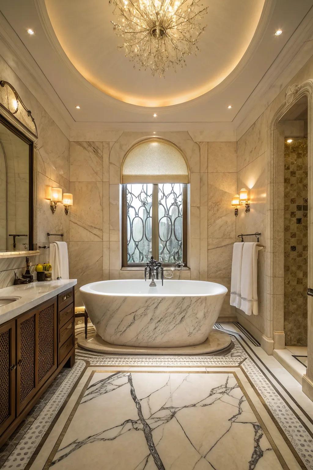 A stand-alone tub in a plush setting, embraced by polished stone.