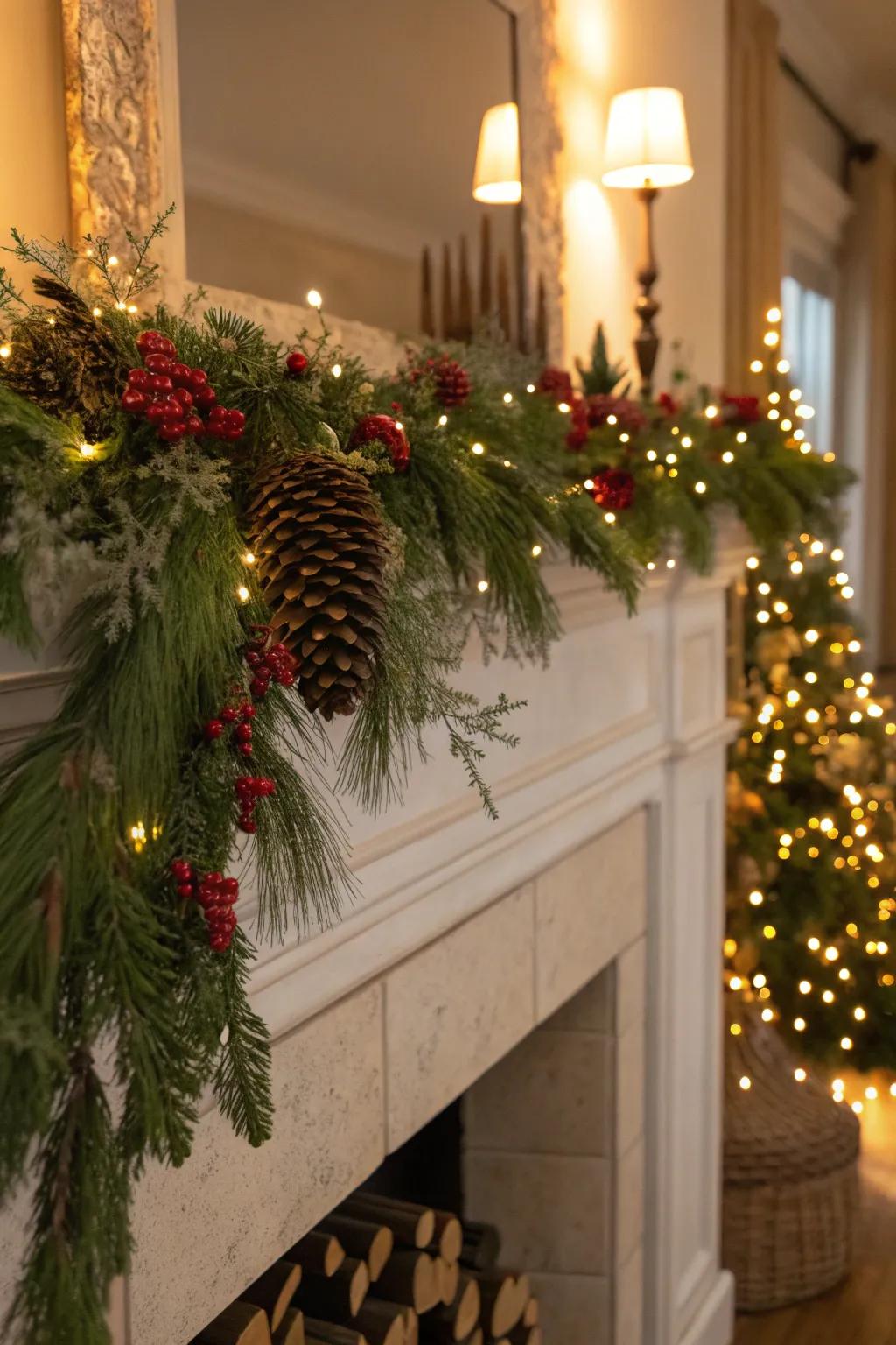 A rich garland paired with fairy lights cultivates a magical environment.