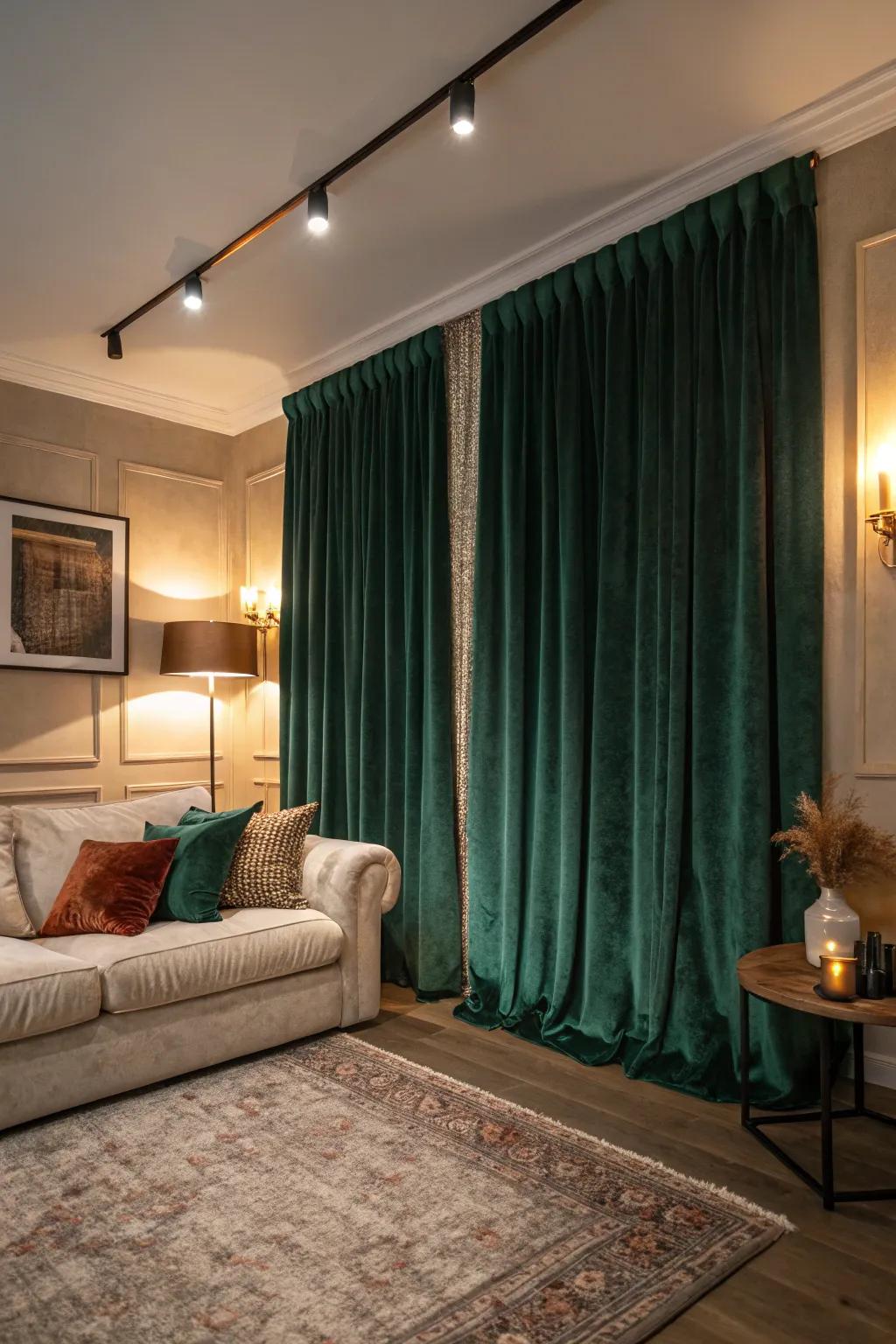 Deep green velvet curtains provide a luxurious accent to an inviting area.