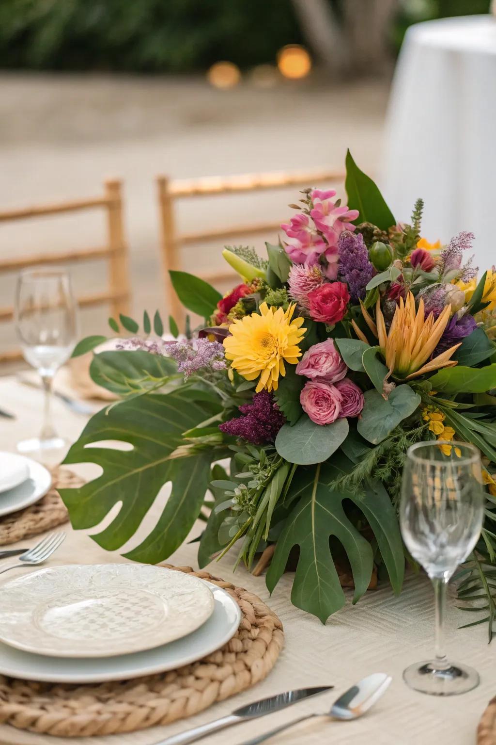 A vibrant floral centerpiece brings an element of sophistication to your dining table.