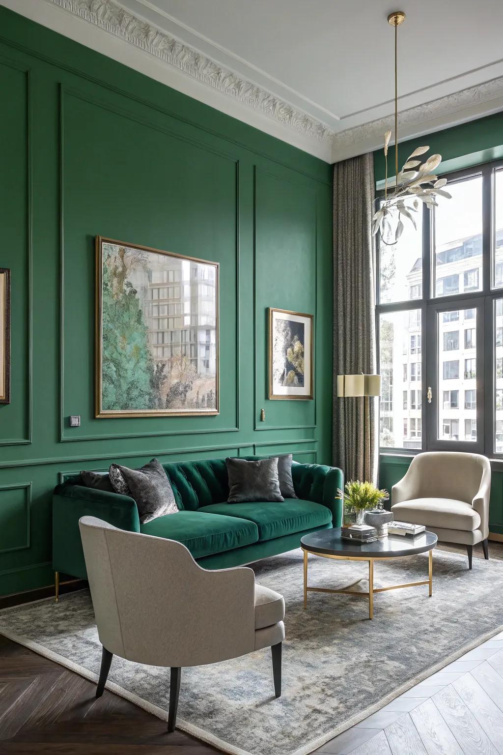 Eye-catching forest green highlighted wall inside a modern living space.
