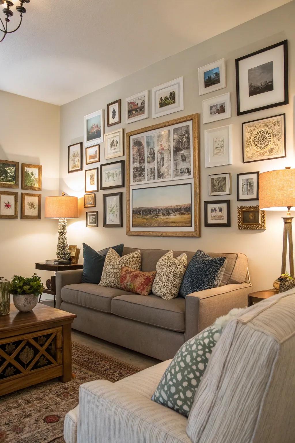 A lively gallery wall contributes charm and coziness to a living area.