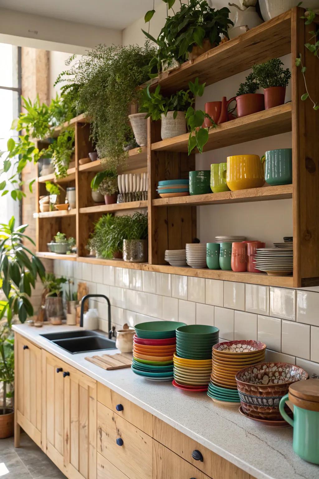 Open shelving provides both elegance and storage to an empty kitchen wall.