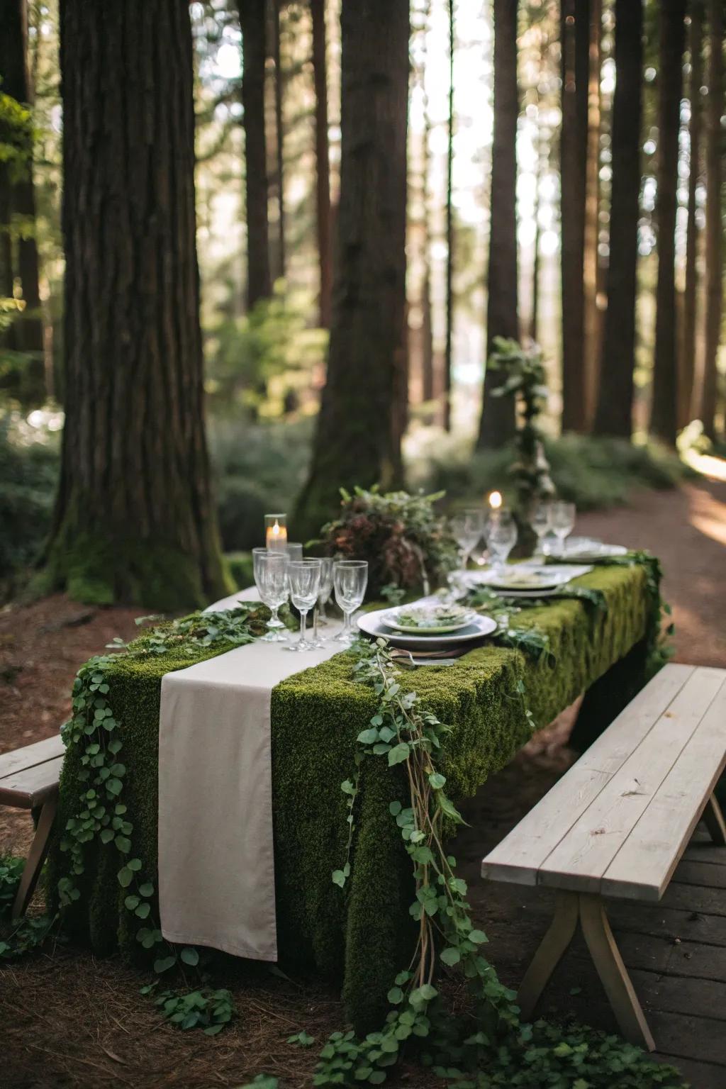 Lush greenery gracefully covers tables, replicating a forest floor right at your party.