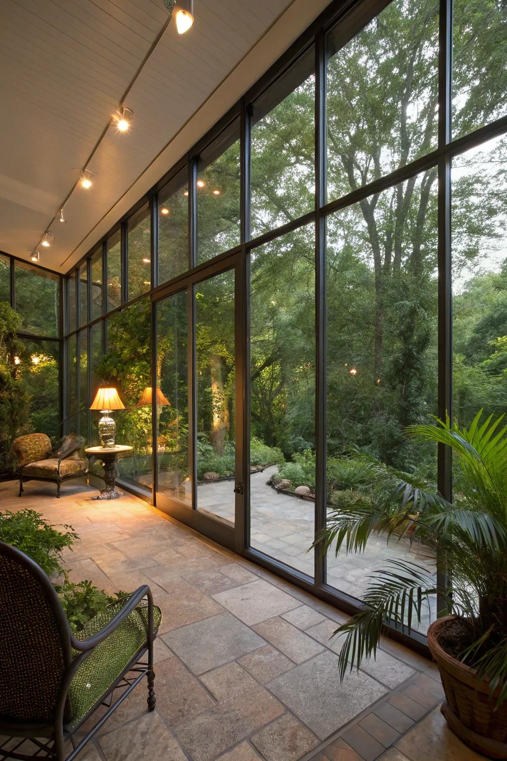 A serene glass-encased patio, presenting sweeping vistas of the encompassing garden.