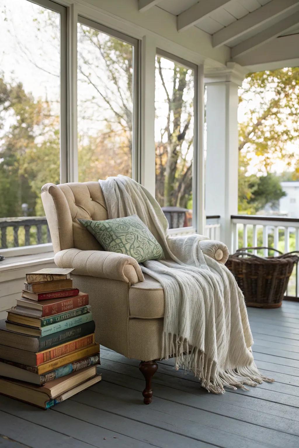 A delightful reading nook, ideal for unwinding on calm afternoons.