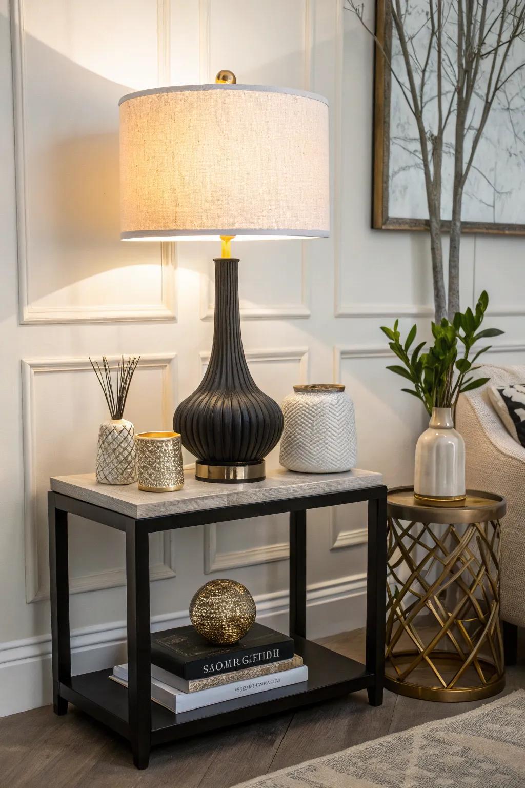 A striking lamp commands attention on an end table.