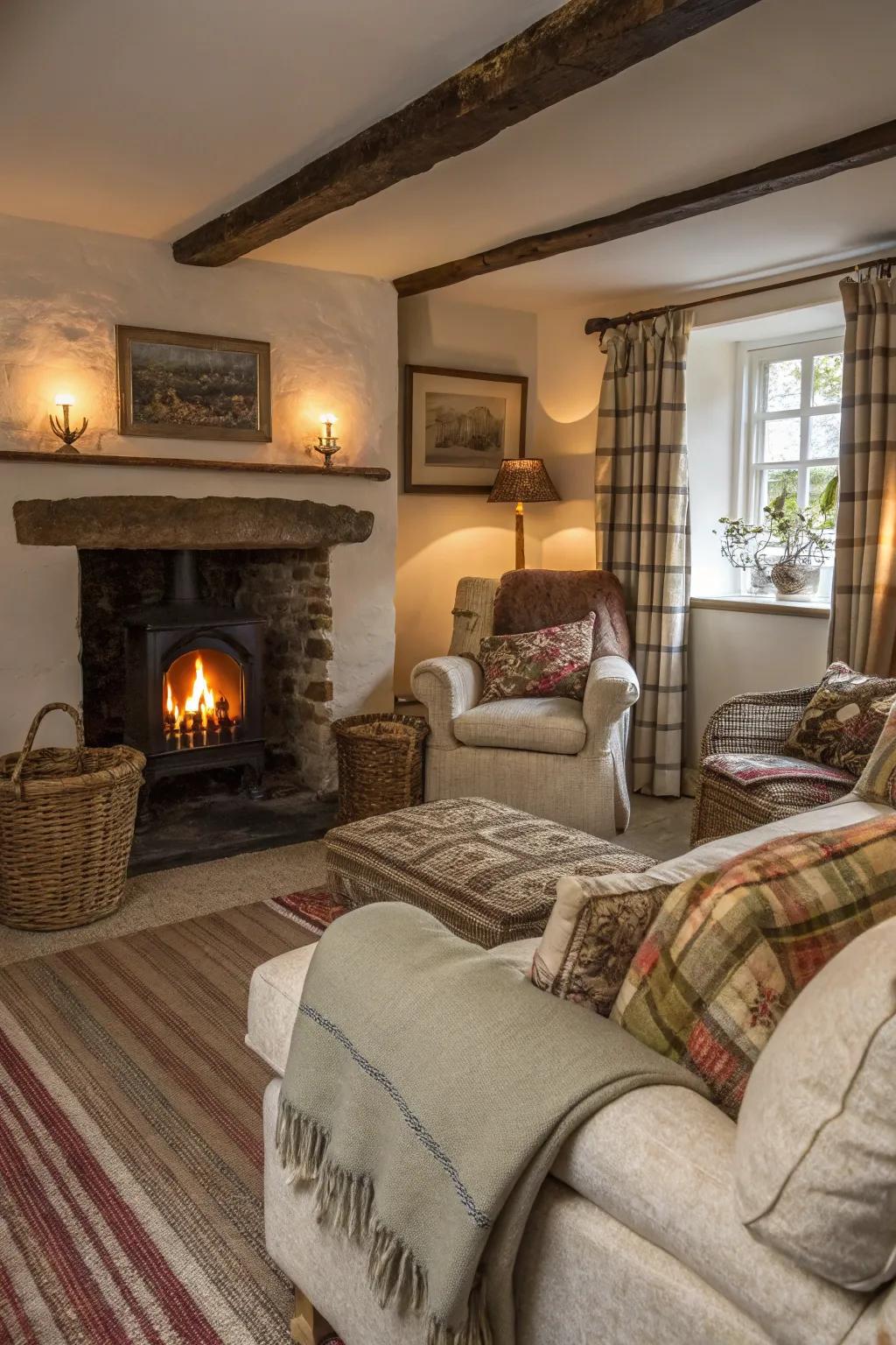Numerous fabrics paired with a toasty fireplace evoke a comforting cottage ambiance.