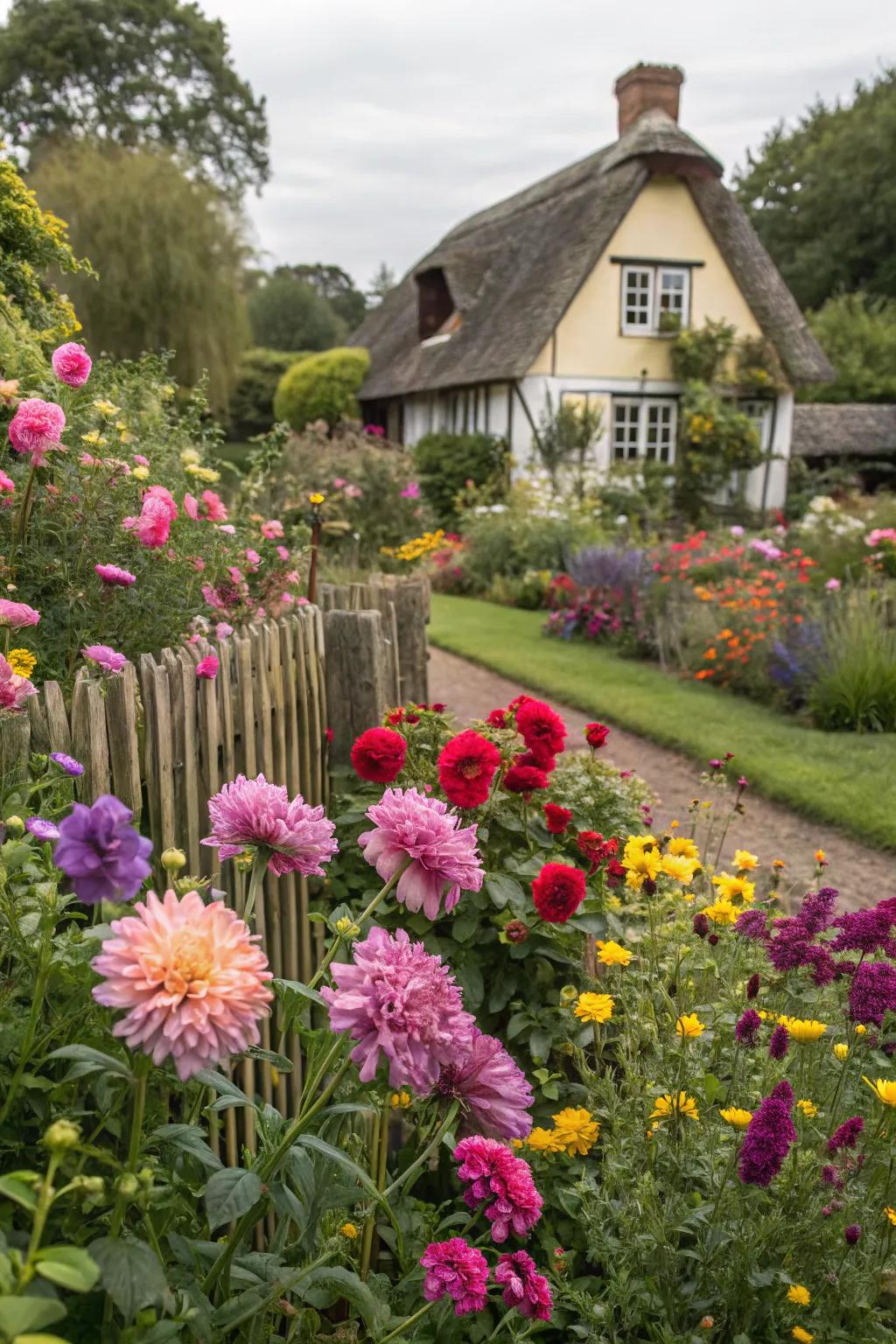 A cottage garden flourishing with vibrant flowers and rich greenery.