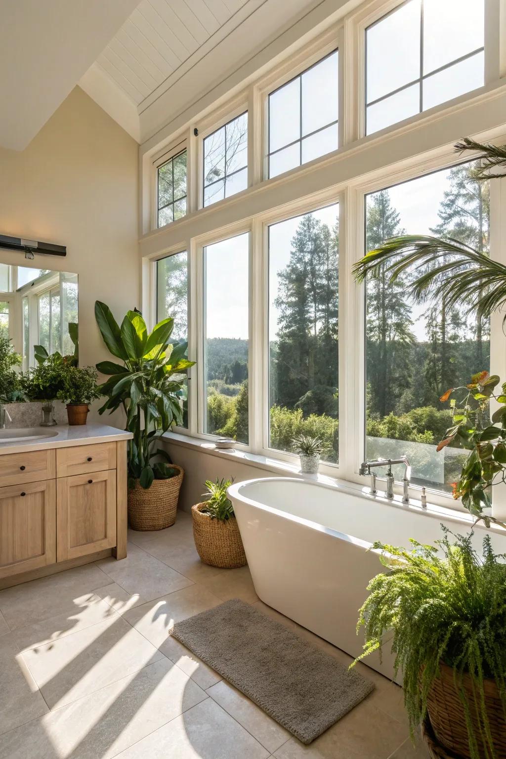 Natural light brightens up a private bathroom, making an inviting and airy feel.