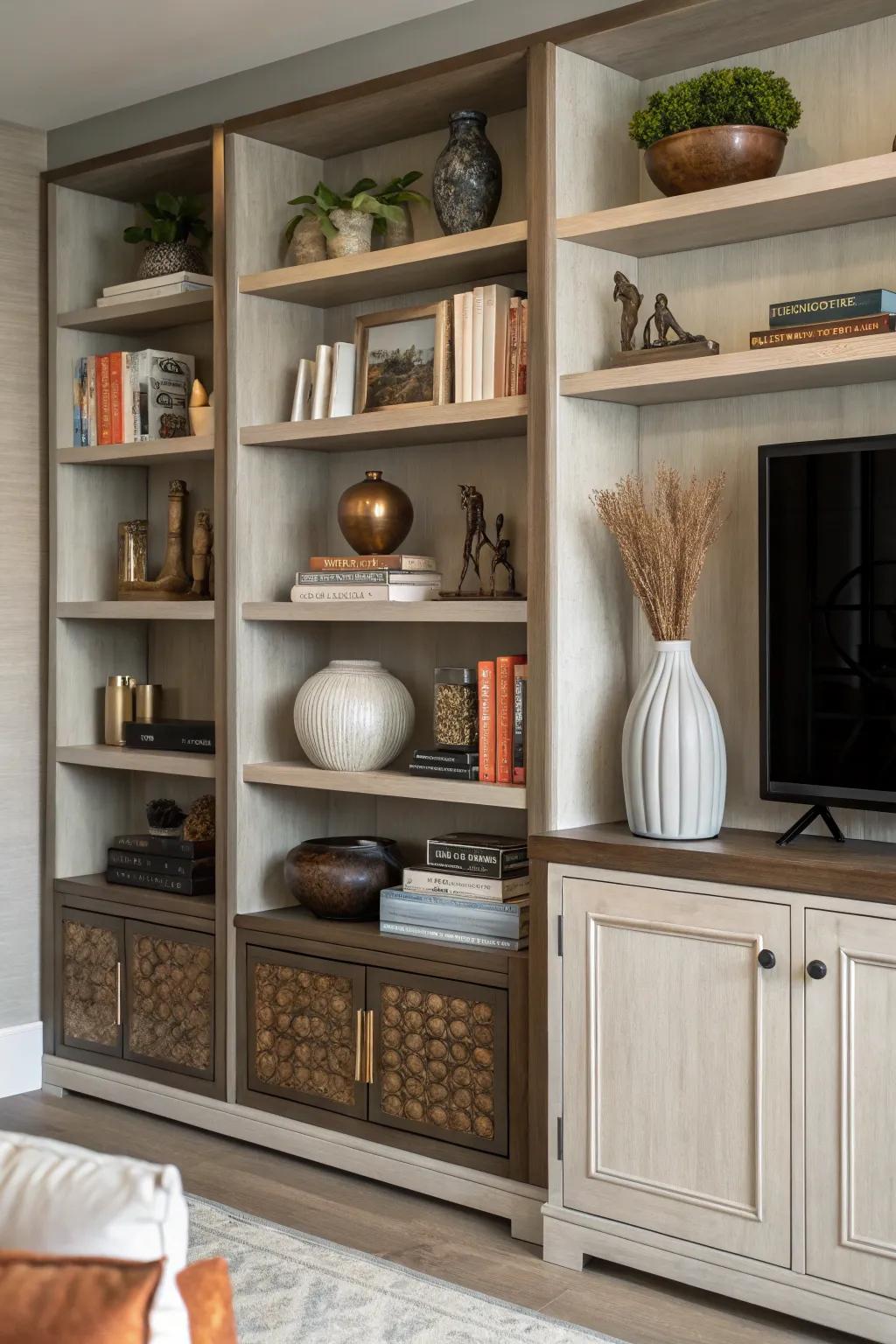 This entertainment center features open shelves adorned with a variety of decorative elements.