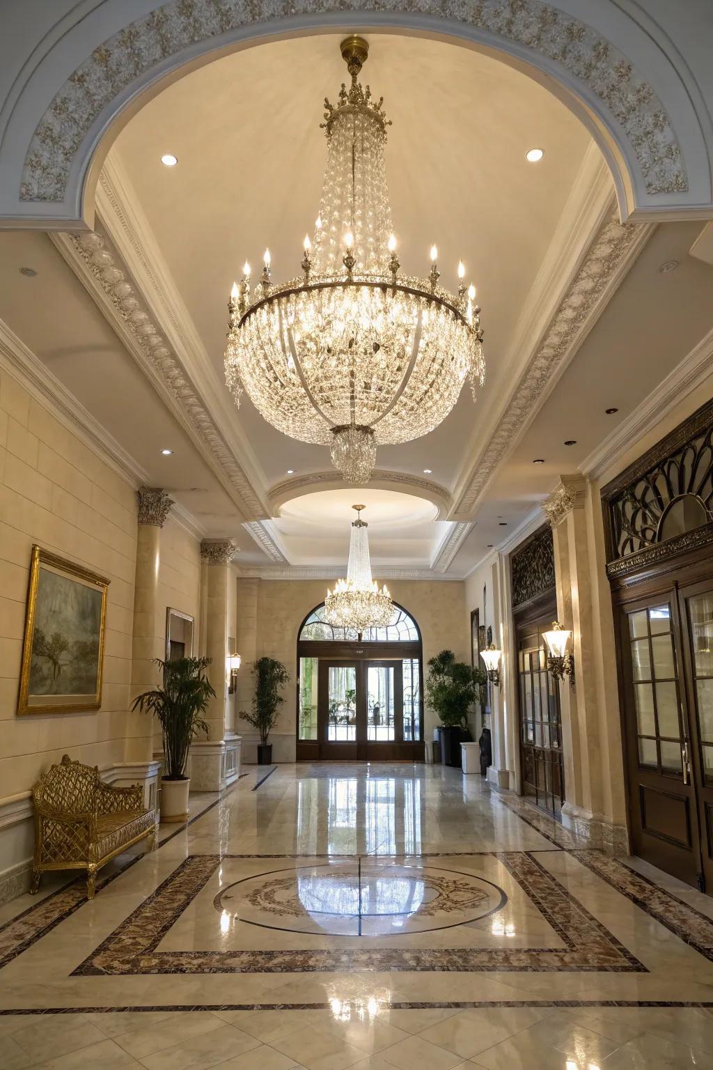 A crystal chandelier infuses timeless elegance into this entrance.