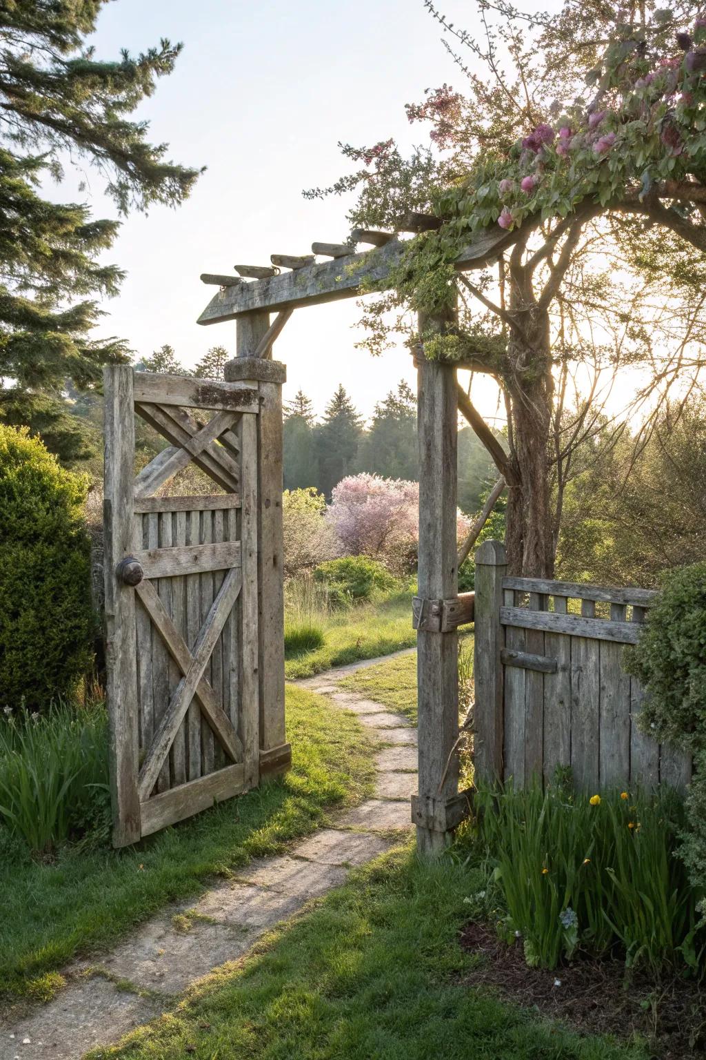 A timeless wooden gate warmly greets visitors.