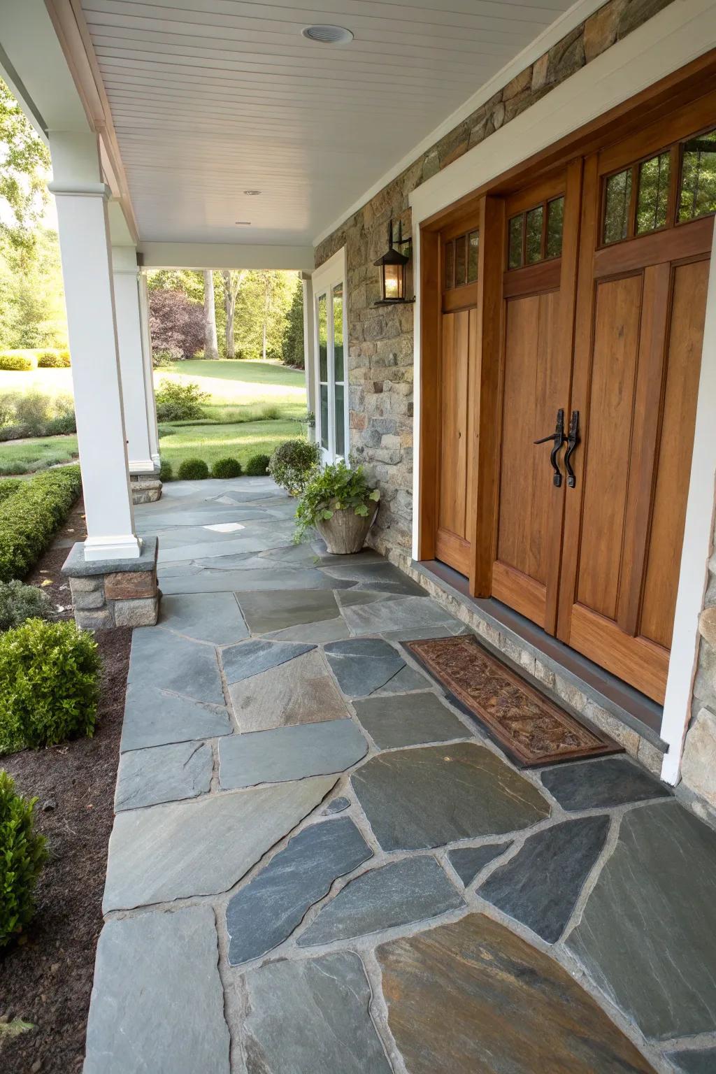 A front porch showcasing an inventive fusion of stone textures for a captivating entry.