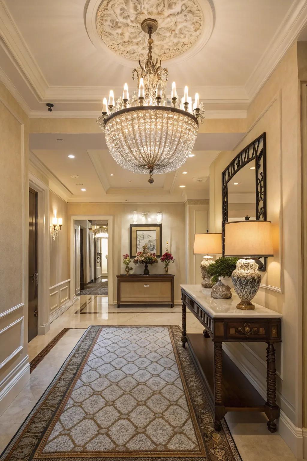 A majestic chandelier makes a captivating statement in this entryway.