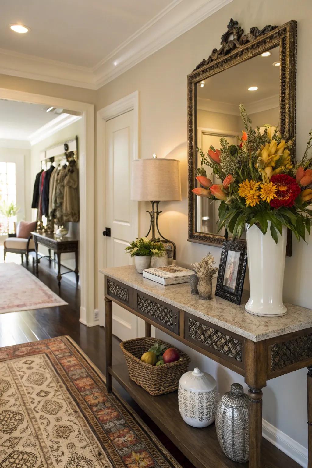 A flower-topped console table adds grace and utility.
