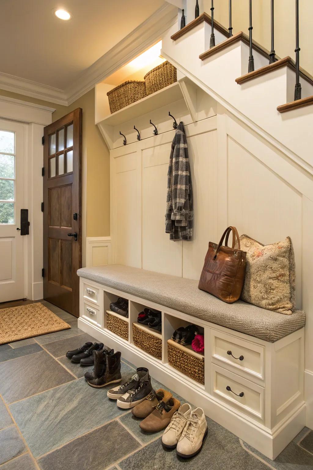 An elegant entryway bench equipped with hidden storage, ideal for keeping shoes neatly stowed.