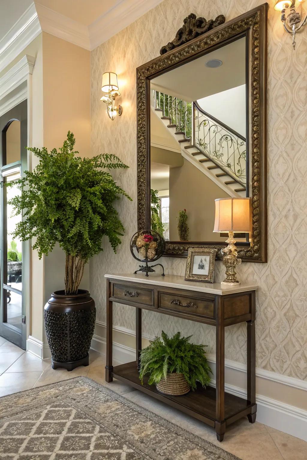 A sizable mirror transforms the entryway corner, making it feel larger and more inviting.
