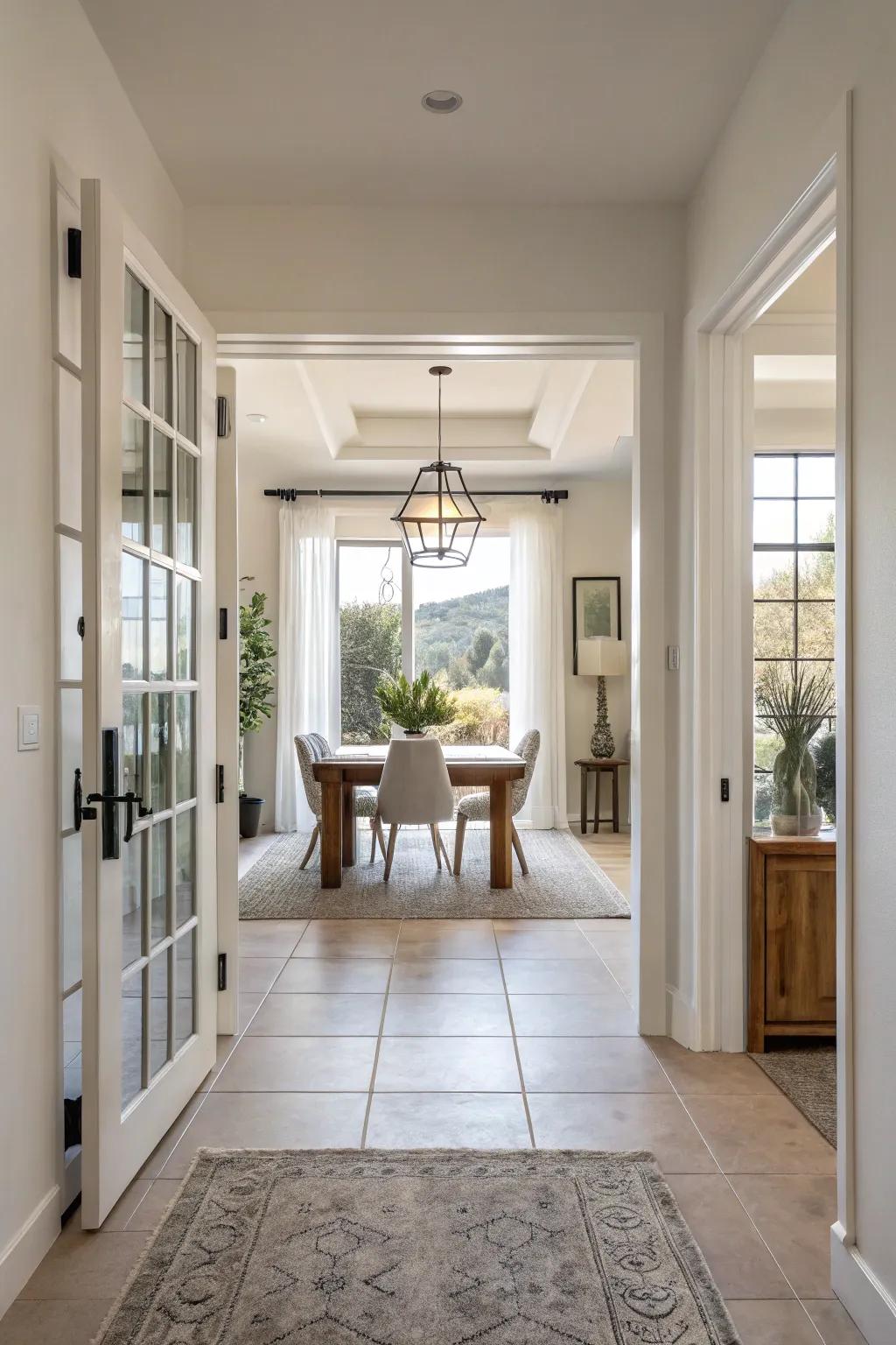 An open design provides a smooth transition from entryway to dining area.
