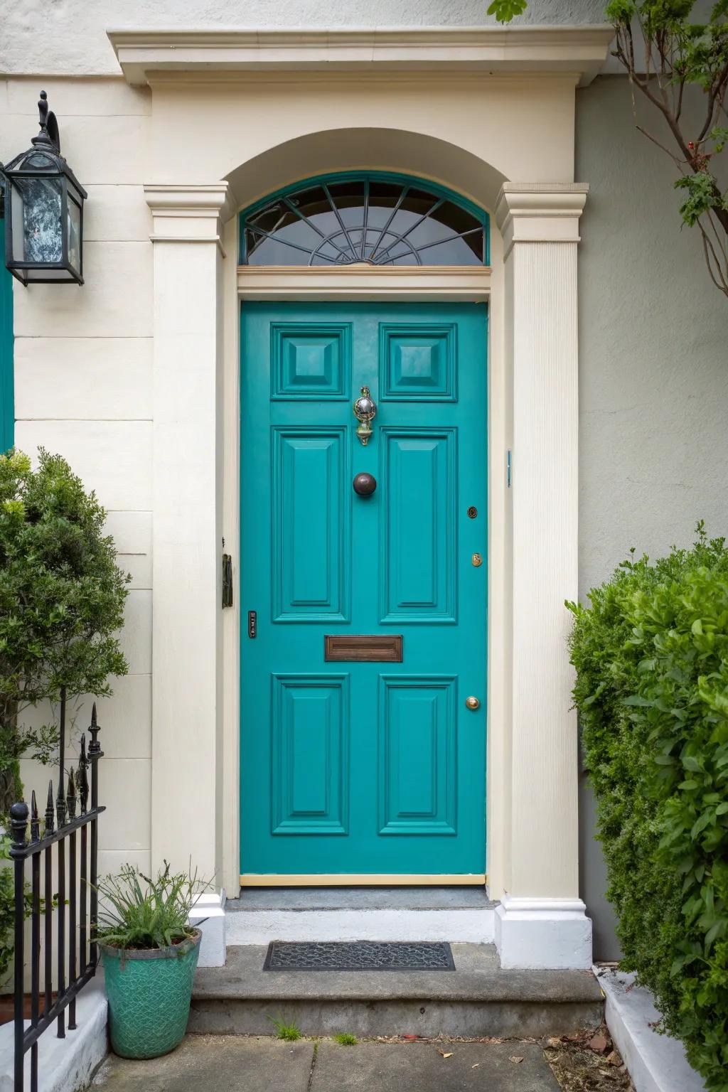 A striking blue front door that pops against a neutral surrounding.