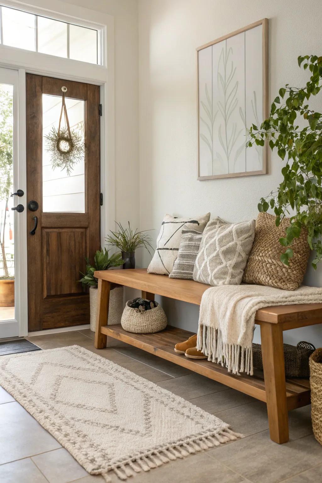 A stylish bench combines comfort with style in your foyer.