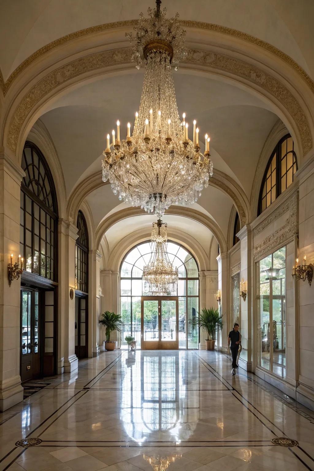 A crystal luminaire bestows refinement and grandeur upon this expansive entryway.
