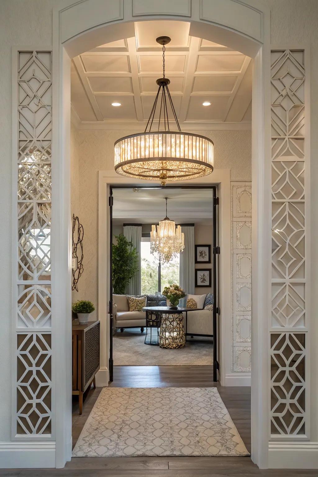A cozy entryway enhanced by a small chandelier, featuring striking geometric patterns.