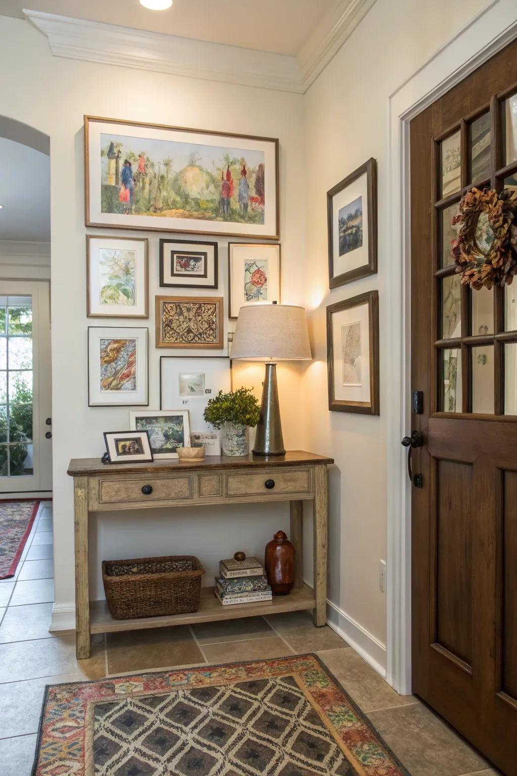 A gallery arrangement enlivens any entryway with character and coziness.