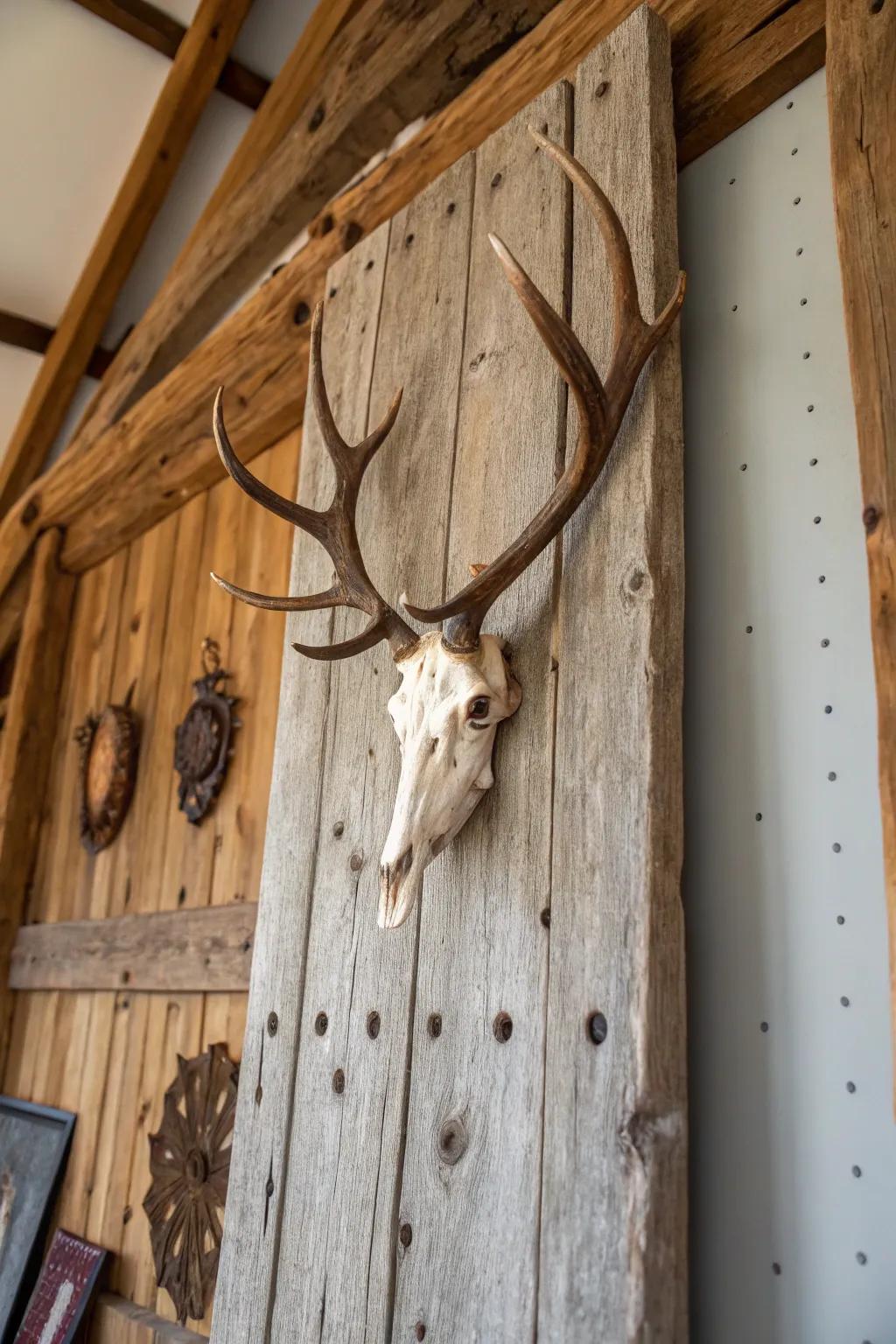 Infuse rustic magnetism by showcasing a deer skull against recovered wood.