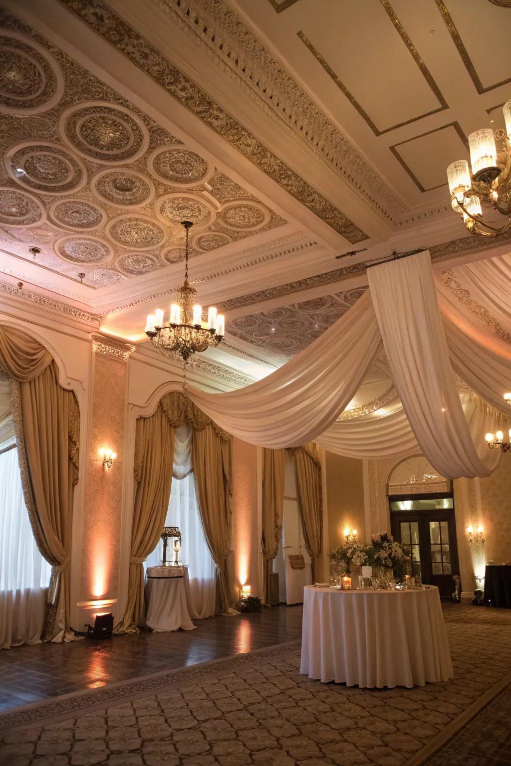 Ceiling drapes bring an elegant and profound touch.