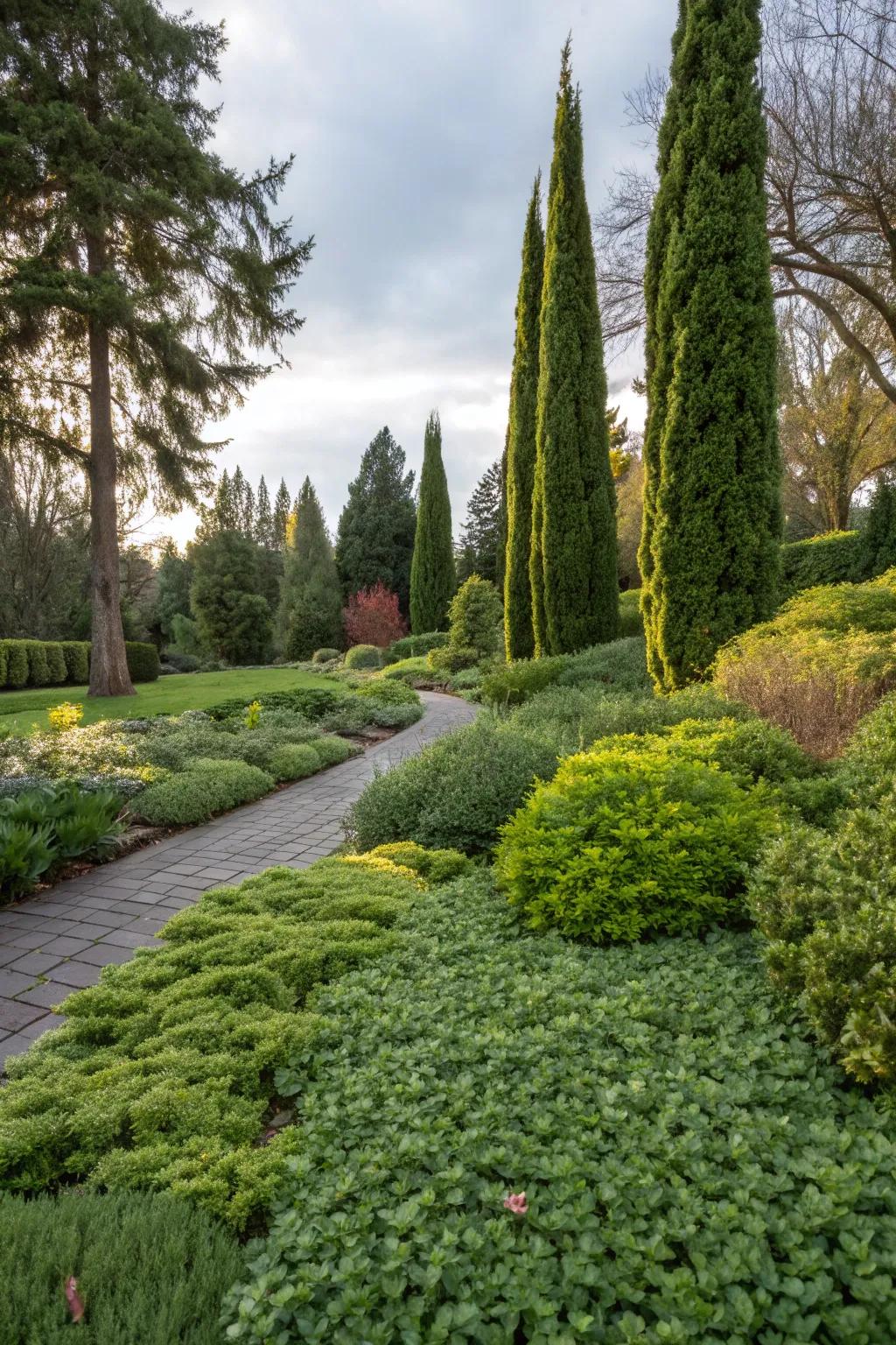 A garden where delicate ground cover meets stately evergreen bushes.