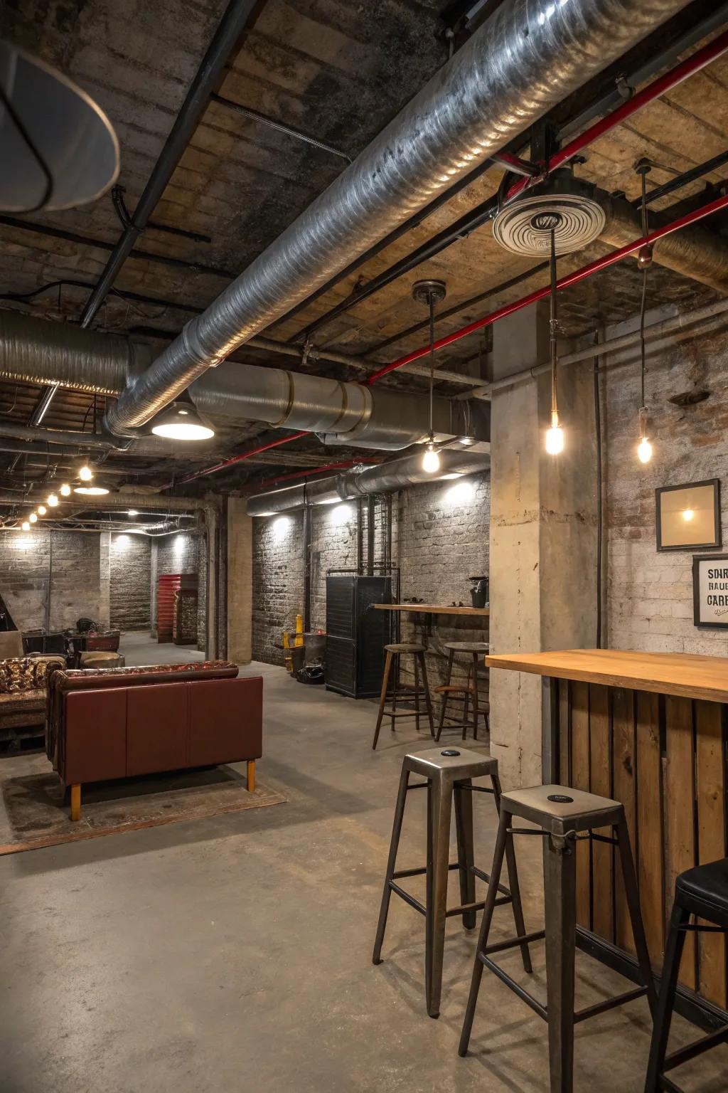 Industrial style with exposed technical parts in the basement.