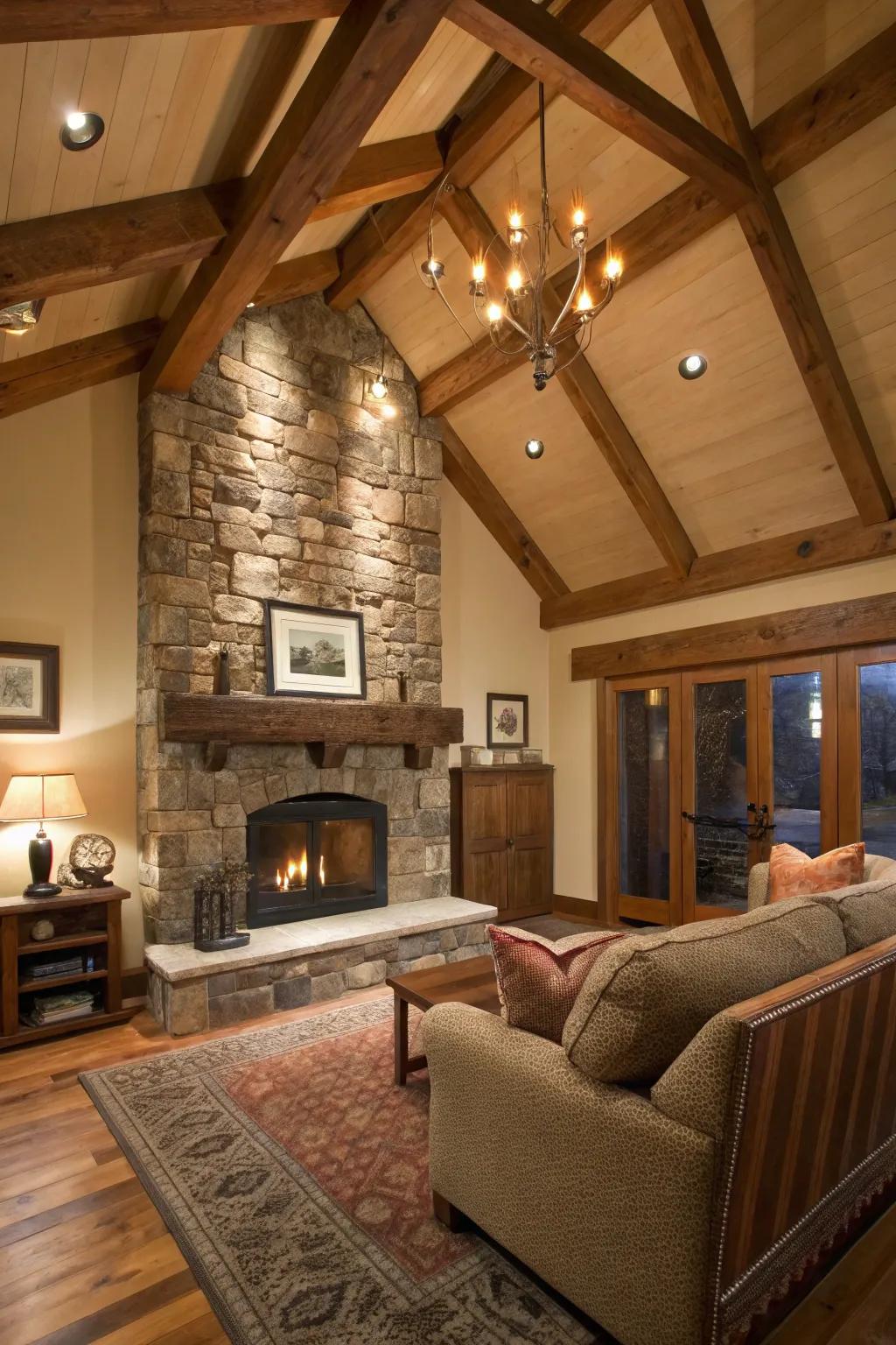 Country-style wooden rafters provide a sense of comfort and character.